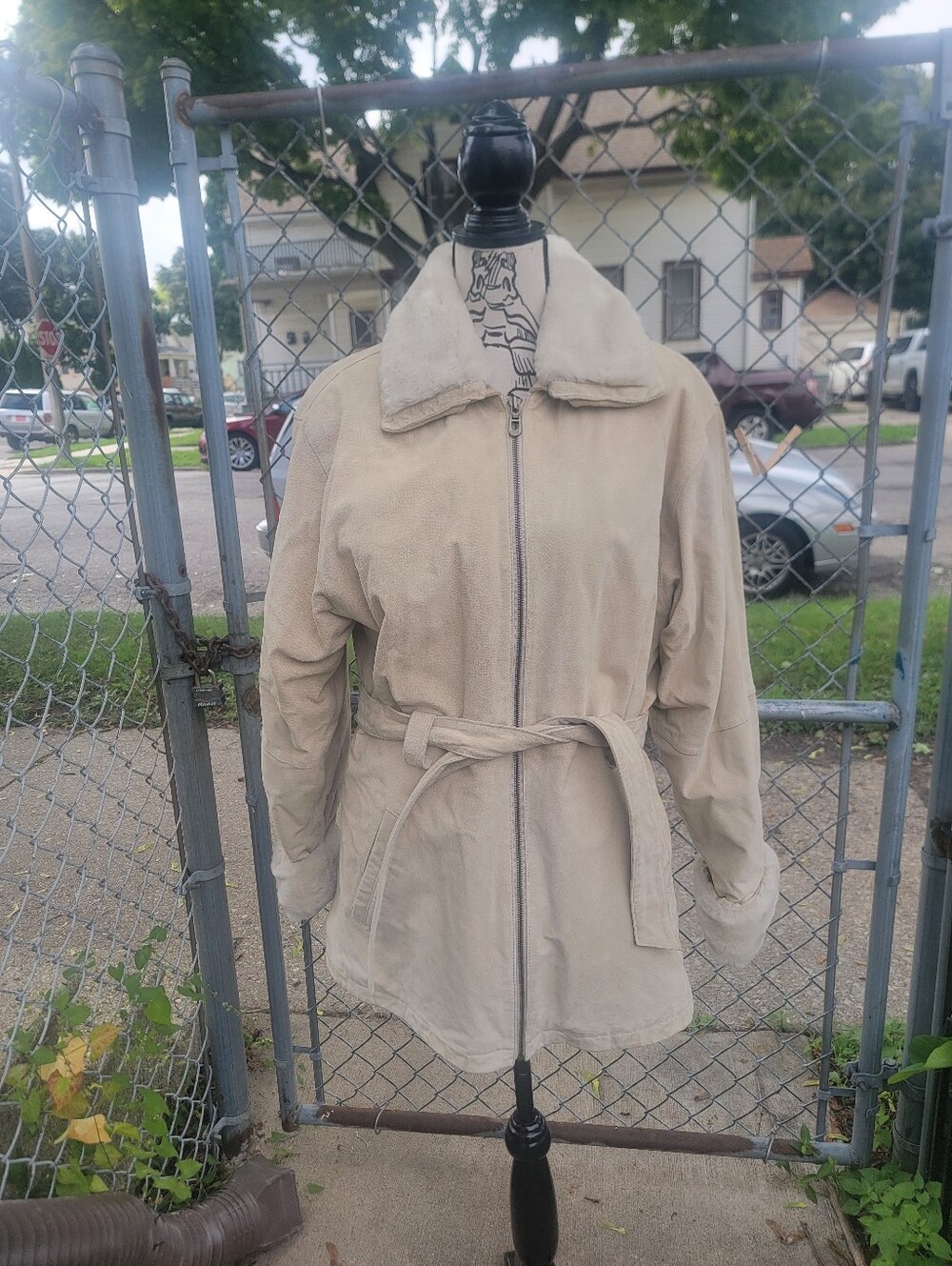 Vintage Leather Limited Cream Suede Leather Faux Fur Belted Coat L